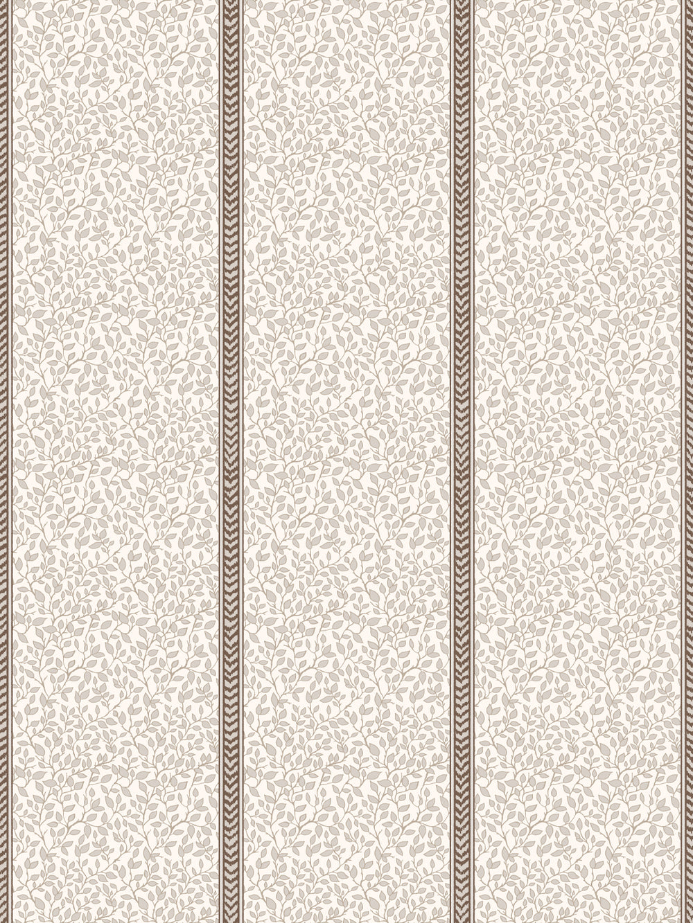 Cream wallpaper with taupe trailing leaf vines and dark brown flamestitch stripes between panels