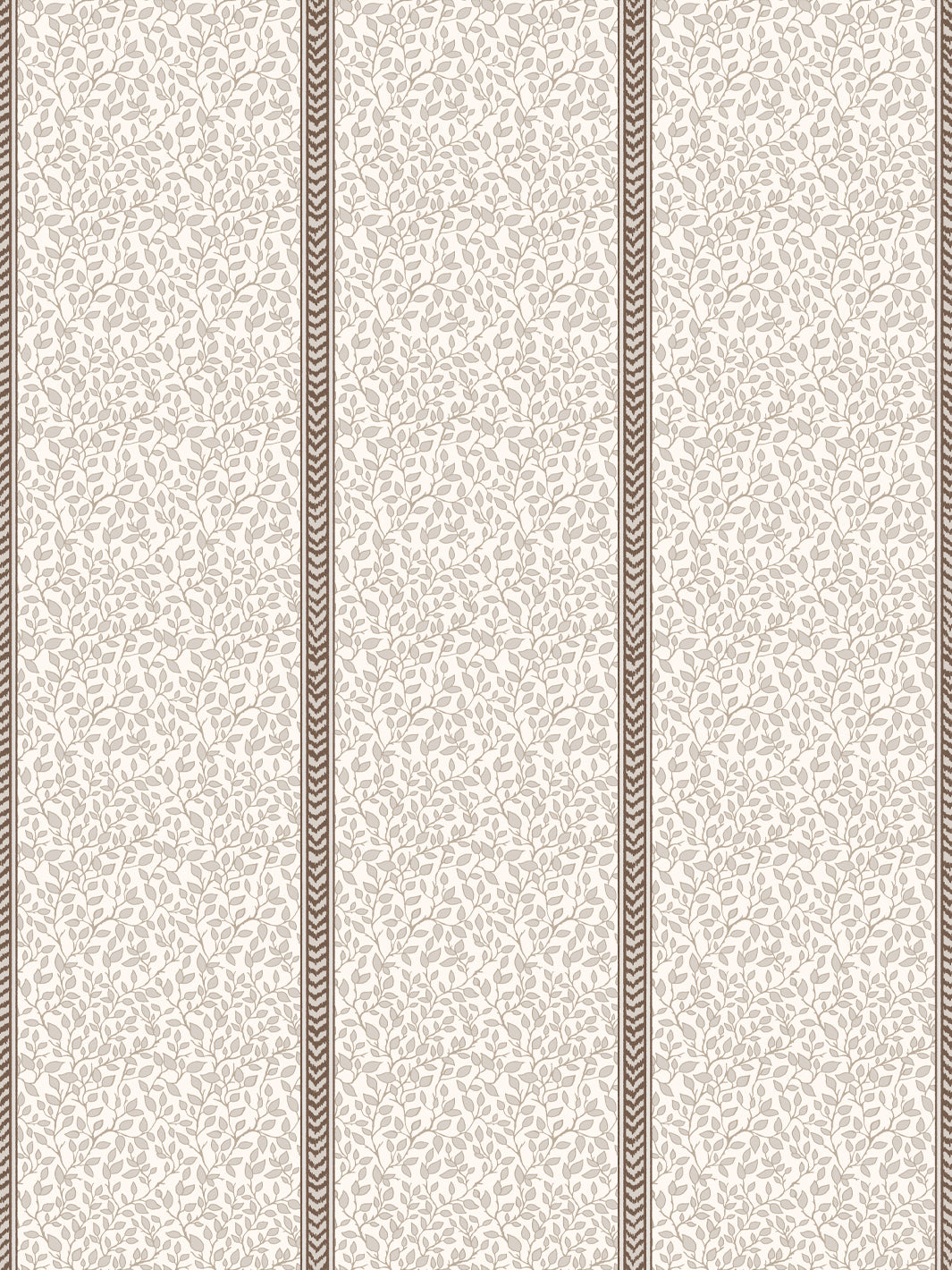 Cream wallpaper with taupe trailing leaf vines and dark brown flamestitch stripes between panels