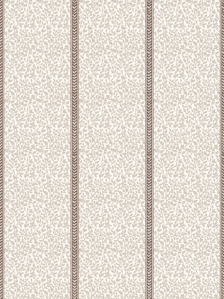 Cream wallpaper with taupe trailing leaf vines and dark brown flamestitch stripes between panels