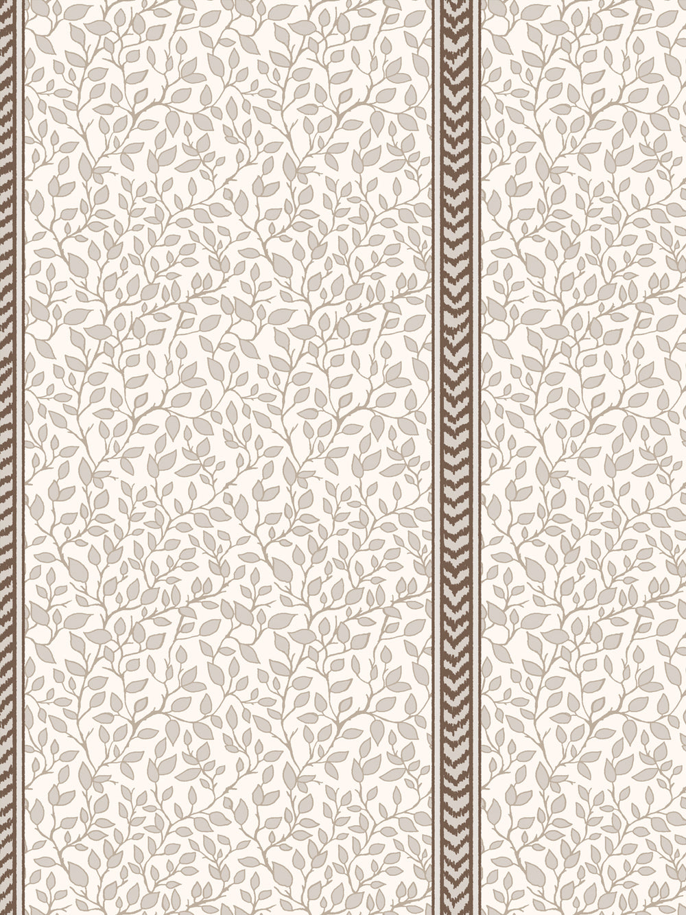 Close-up of taupe leaf vines on cream beside a dark brown and cream flamestitch chevron stripe