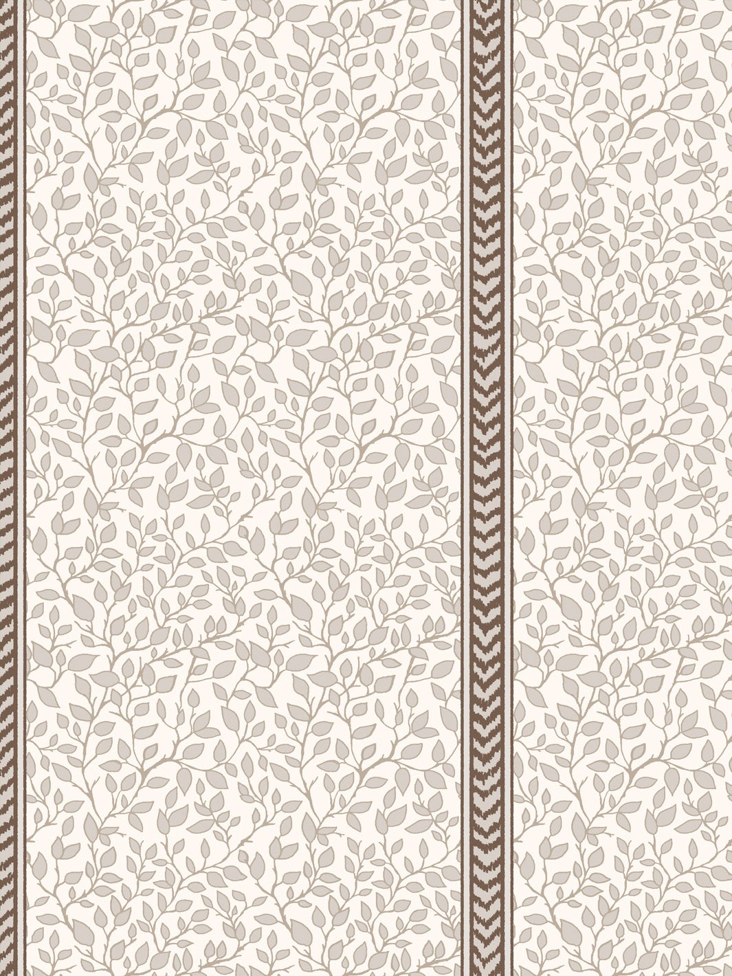Close-up of taupe leaf vines on cream beside a dark brown and cream flamestitch chevron stripe