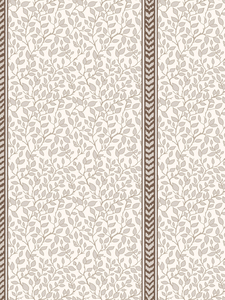 Close-up of taupe leaf vines on cream beside a dark brown and cream flamestitch chevron stripe