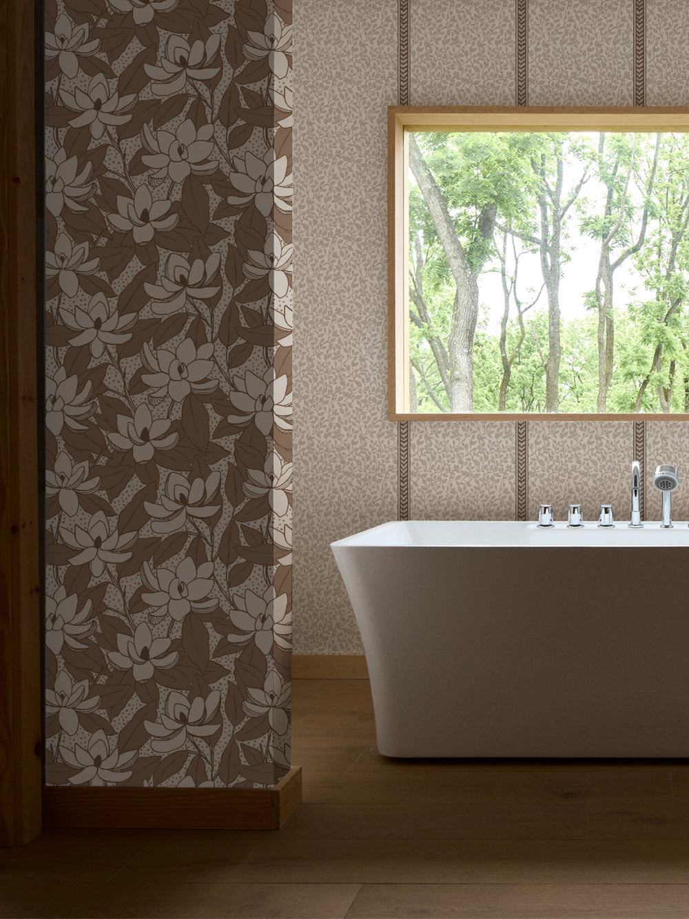 Bathroom with a white freestanding tub, chrome faucet and a wood-framed window onto green trees