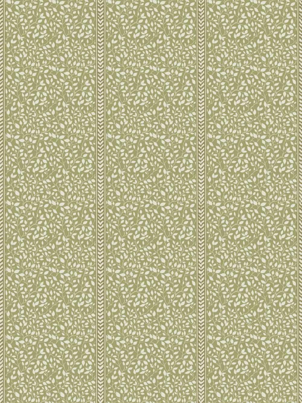 Olive green wallpaper with ivory trailing leaf vines in panels edged by flamestitch stripes