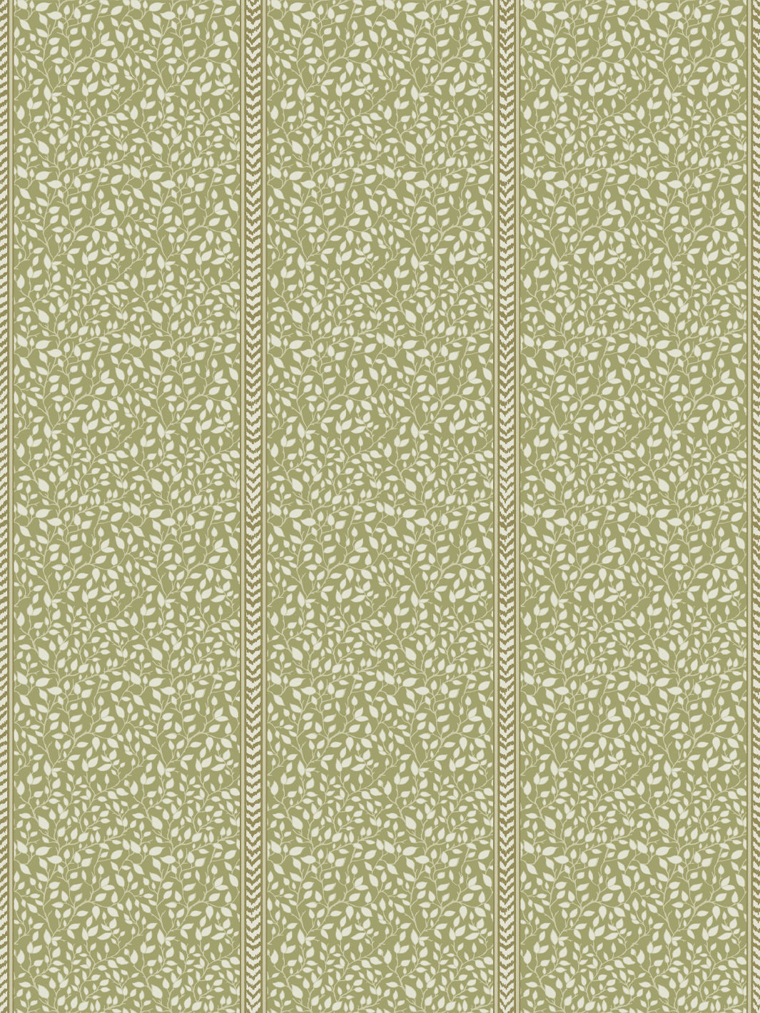 Olive green wallpaper with ivory trailing leaf vines in panels edged by flamestitch stripes
