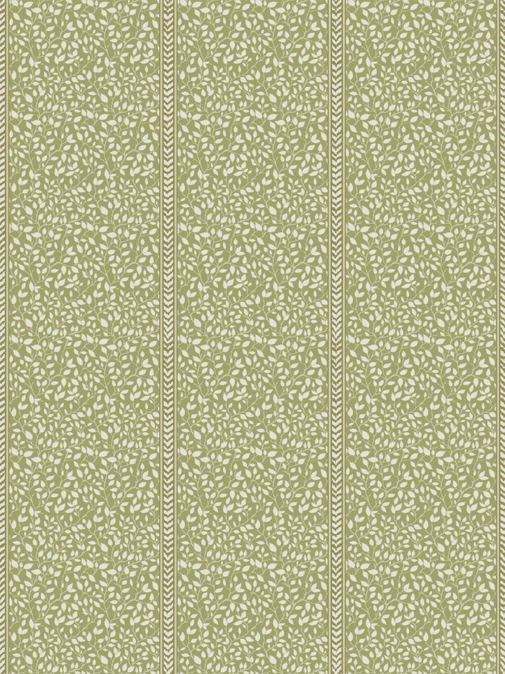 Olive green wallpaper with ivory trailing leaf vines in panels edged by flamestitch stripes