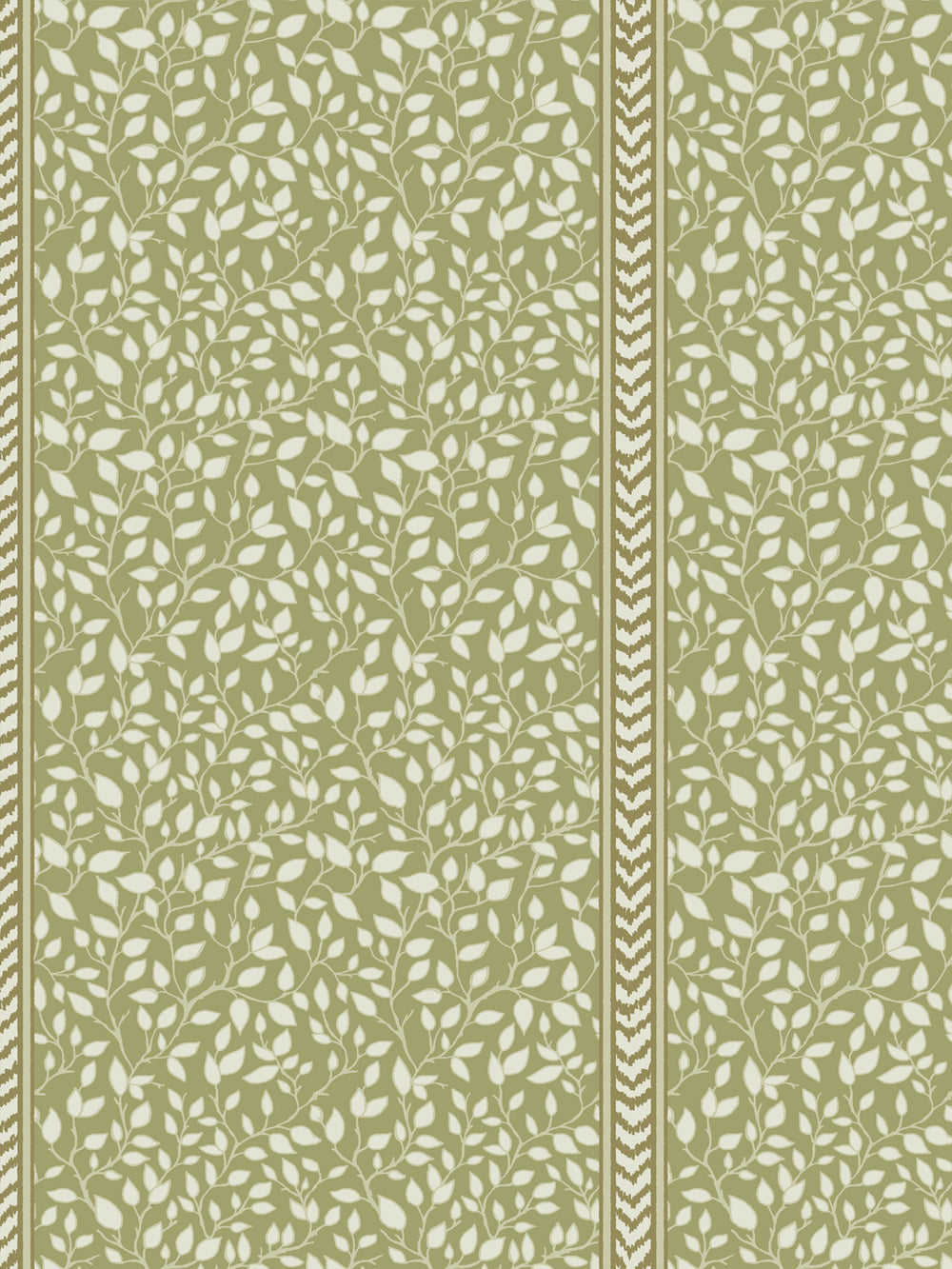 Cream leafy vines on olive green ground beside an olive and ivory flamestitch chevron stripe