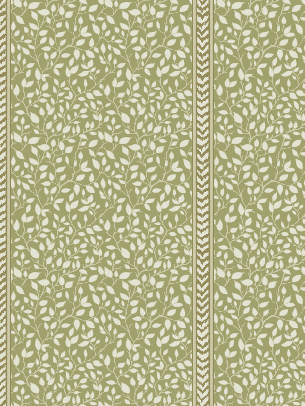 Cream leafy vines on olive green ground beside an olive and ivory flamestitch chevron stripe