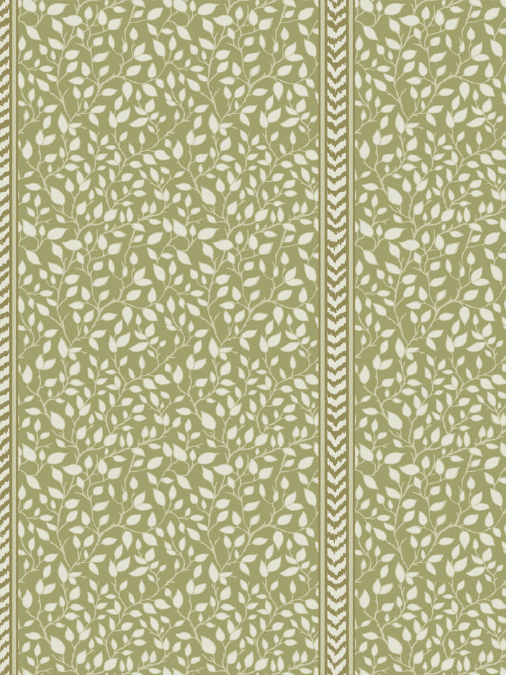 Cream leafy vines on olive green ground beside an olive and ivory flamestitch chevron stripe