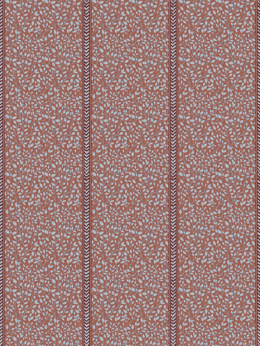 Terracotta wallpaper with pale blue leaf vines split by oxblood flamestitch stripes