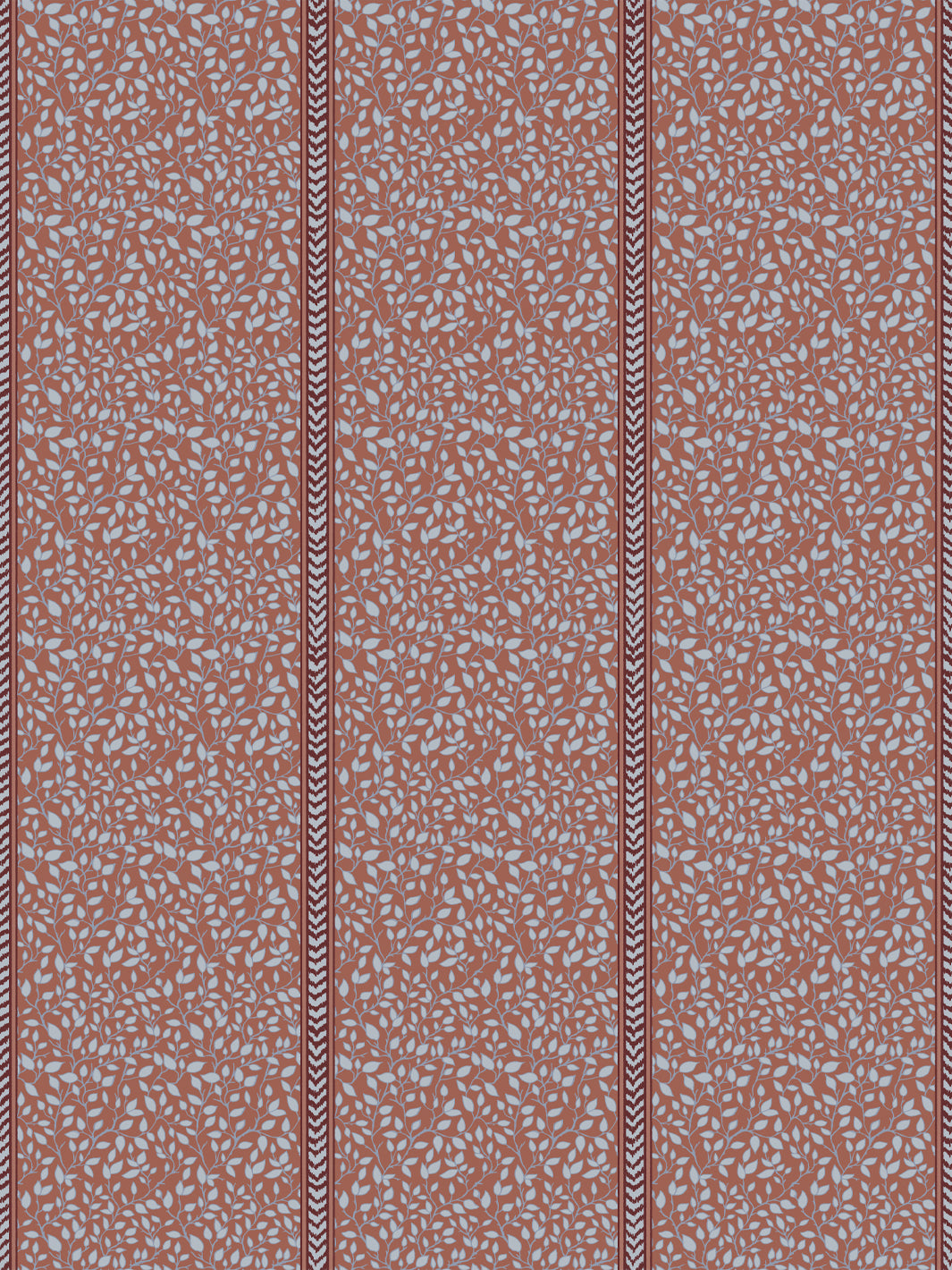 Terracotta wallpaper with pale blue leaf vines split by oxblood flamestitch stripes