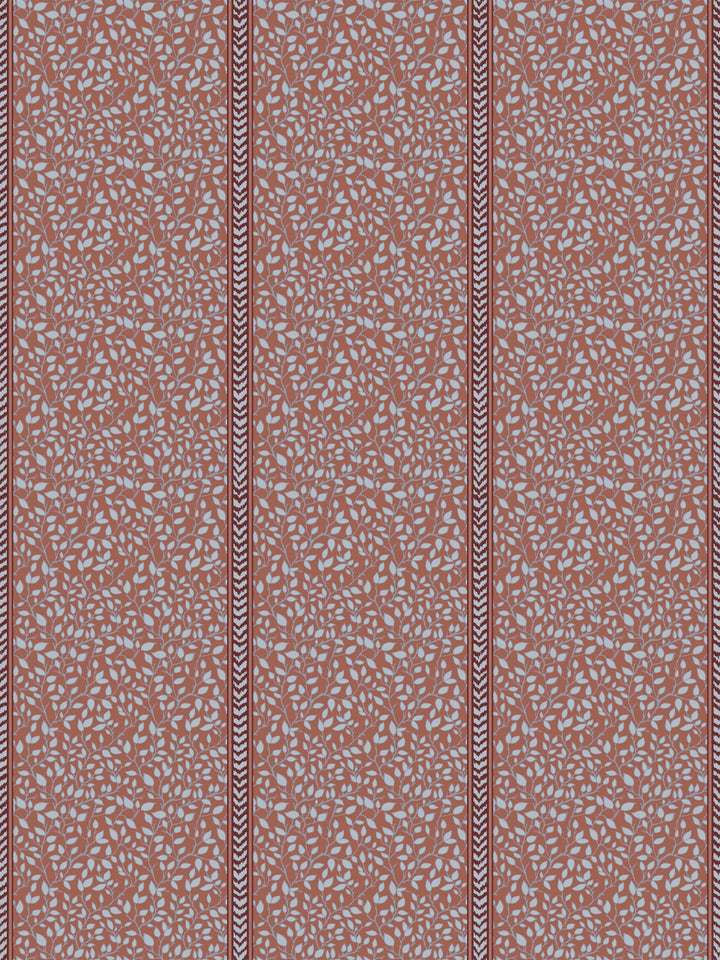 Terracotta wallpaper with pale blue leaf vines split by oxblood flamestitch stripes