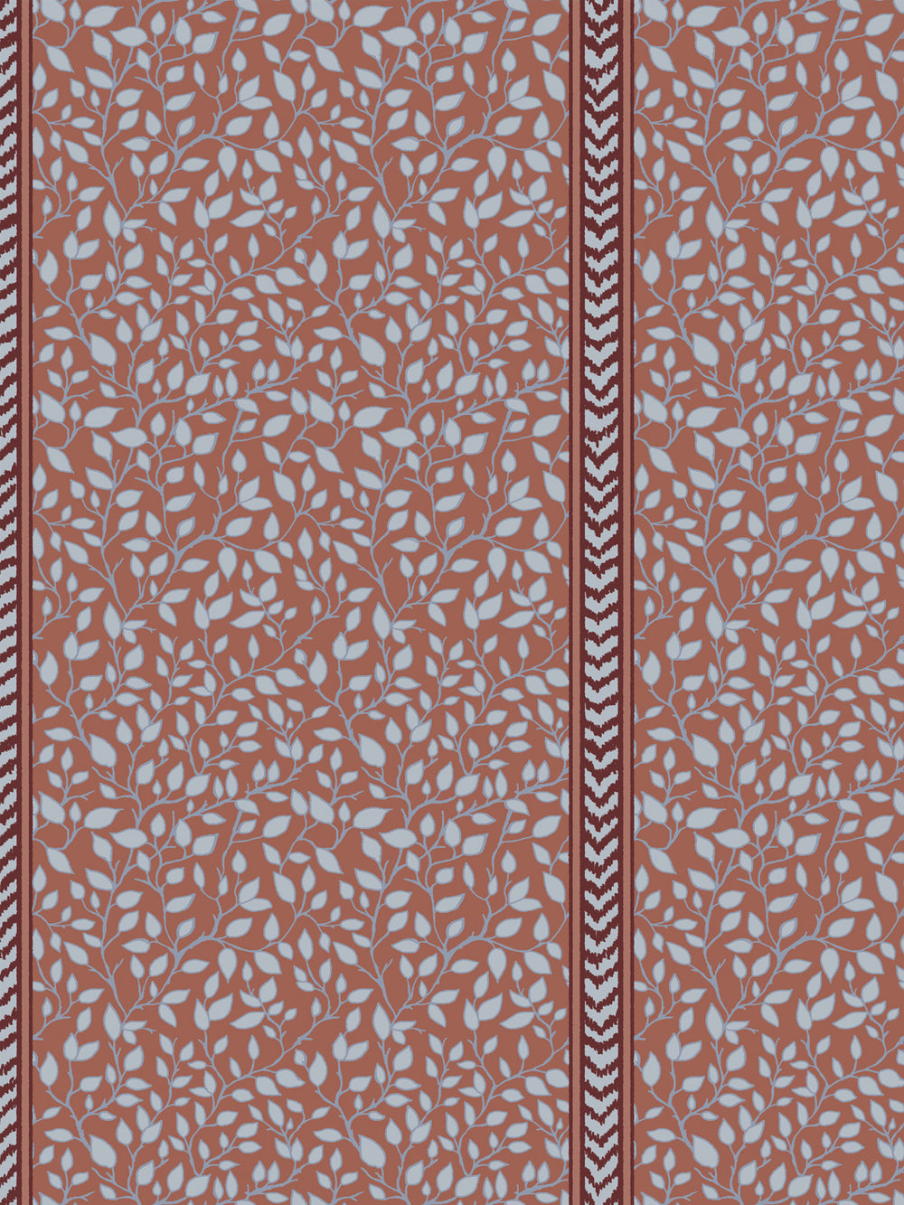 Close-up of powder blue leaves on a rust clay ground next to a maroon and white flamestitch stripe