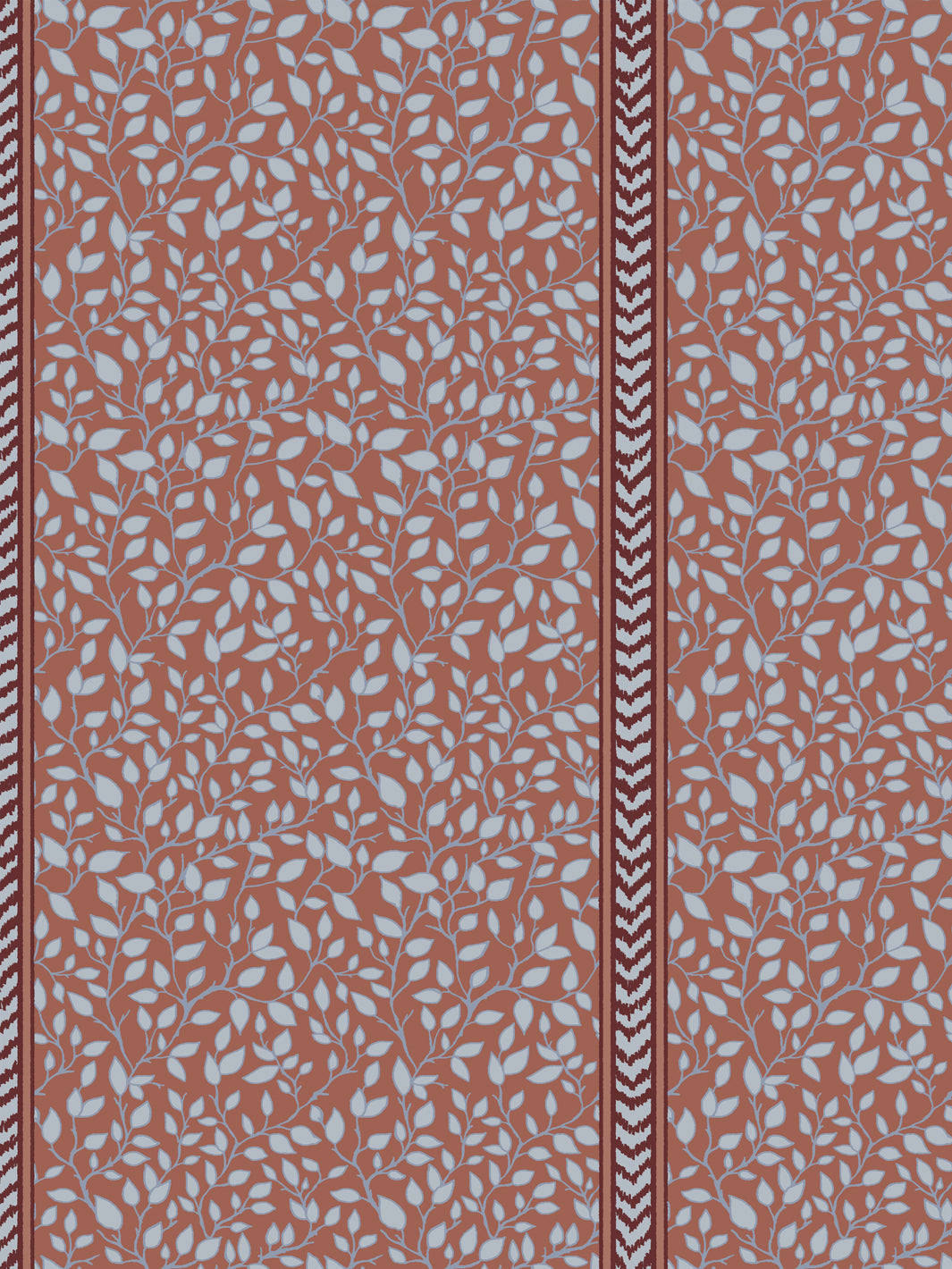 Close-up of powder blue leaves on a rust clay ground next to a maroon and white flamestitch stripe