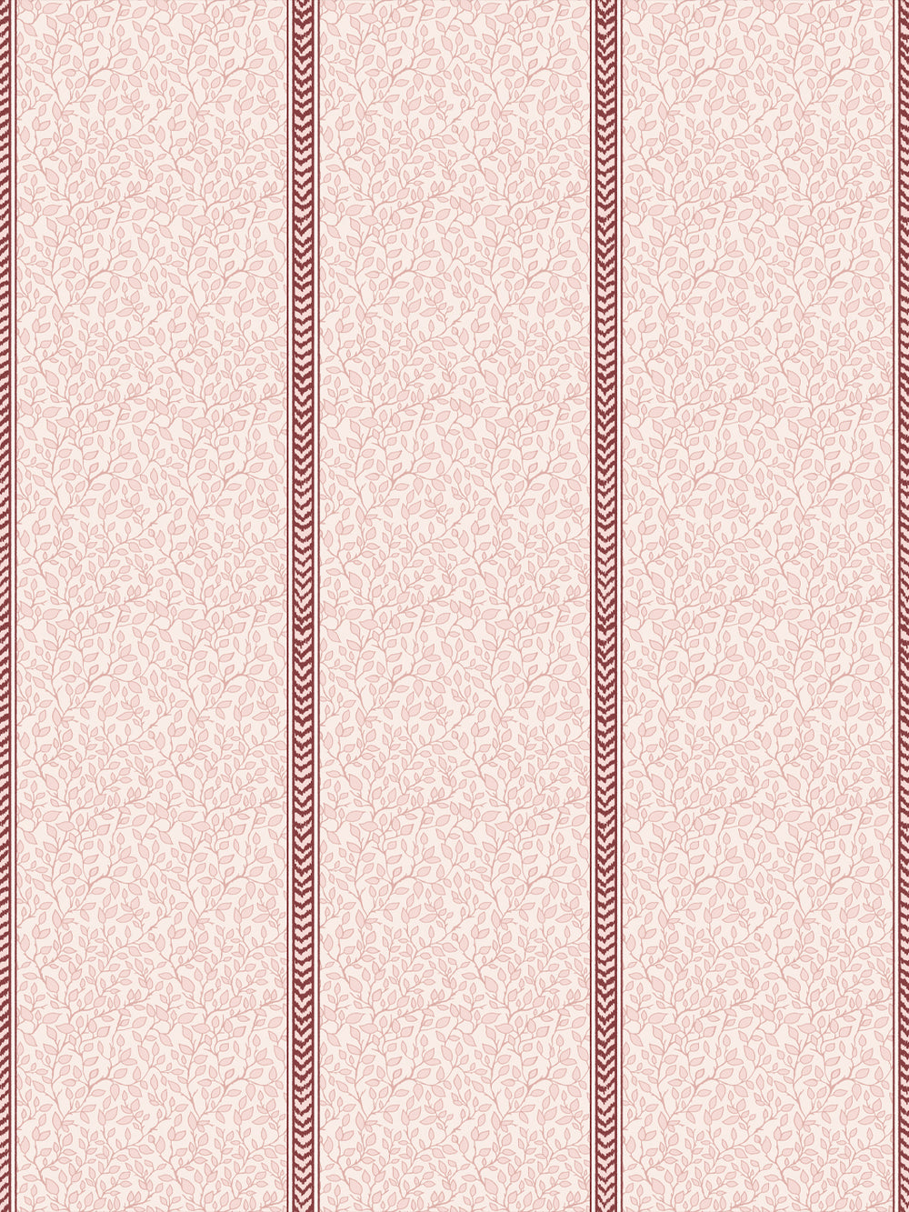 Blush pink wallpaper with tonal rose leaf vines and burgundy flamestitch stripes between panels