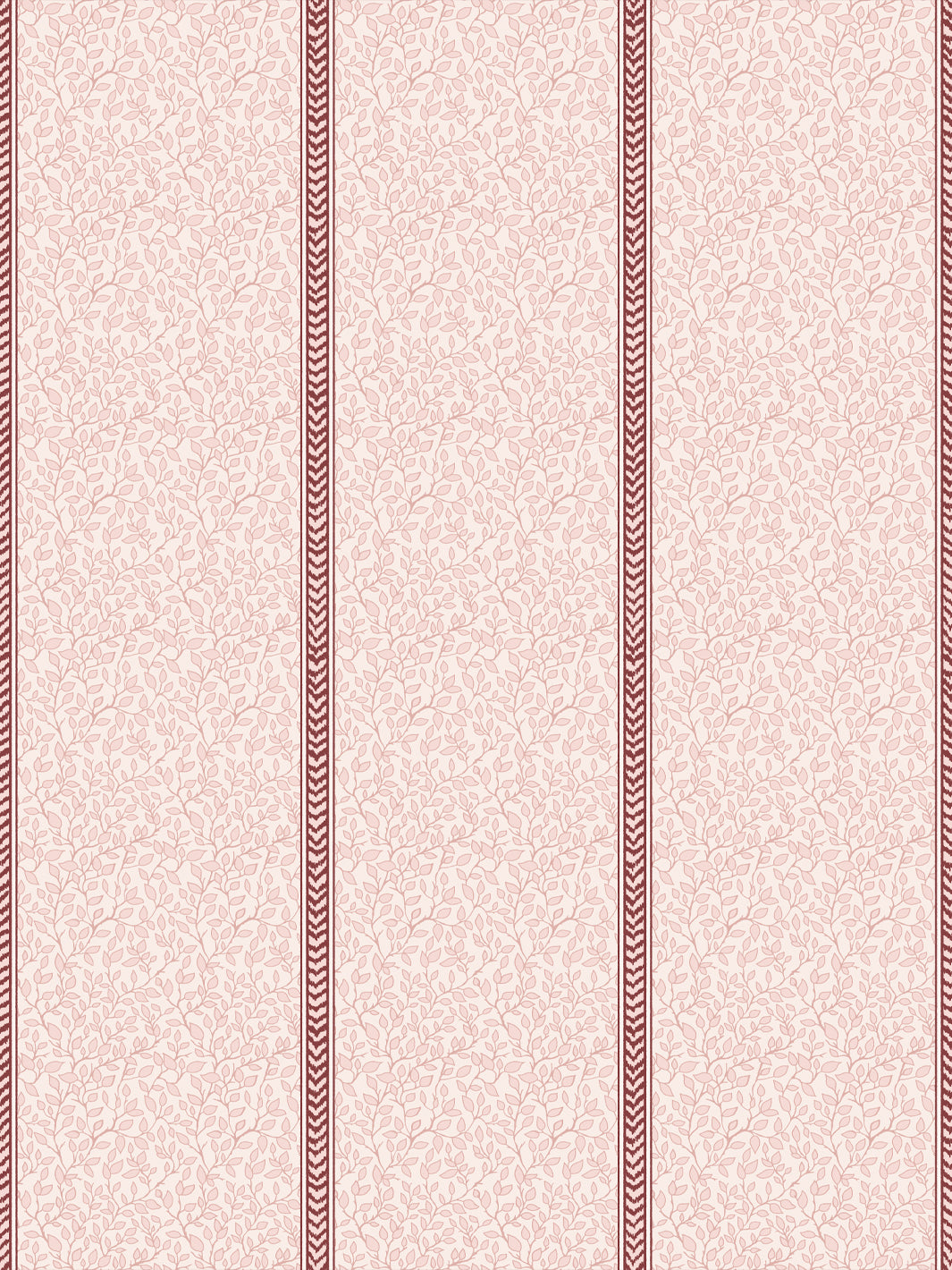 Blush pink wallpaper with tonal rose leaf vines and burgundy flamestitch stripes between panels