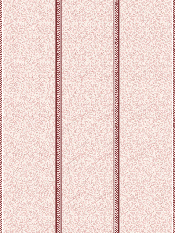 Blush pink wallpaper with tonal rose leaf vines and burgundy flamestitch stripes between panels