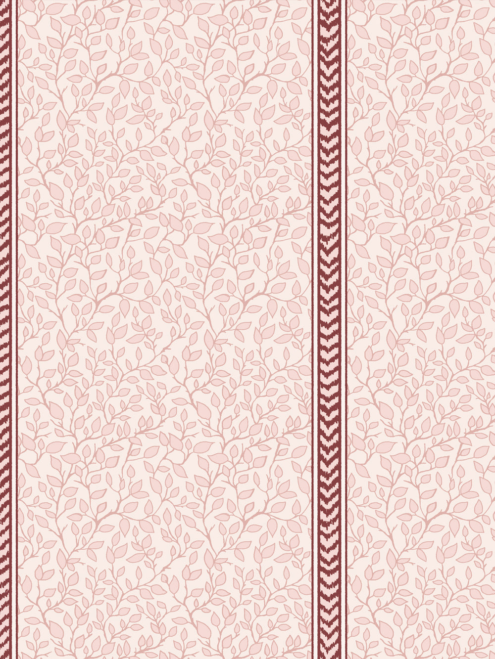 Close-up of dusty rose leaf vines on blush beside a deep burgundy flamestitch chevron stripe