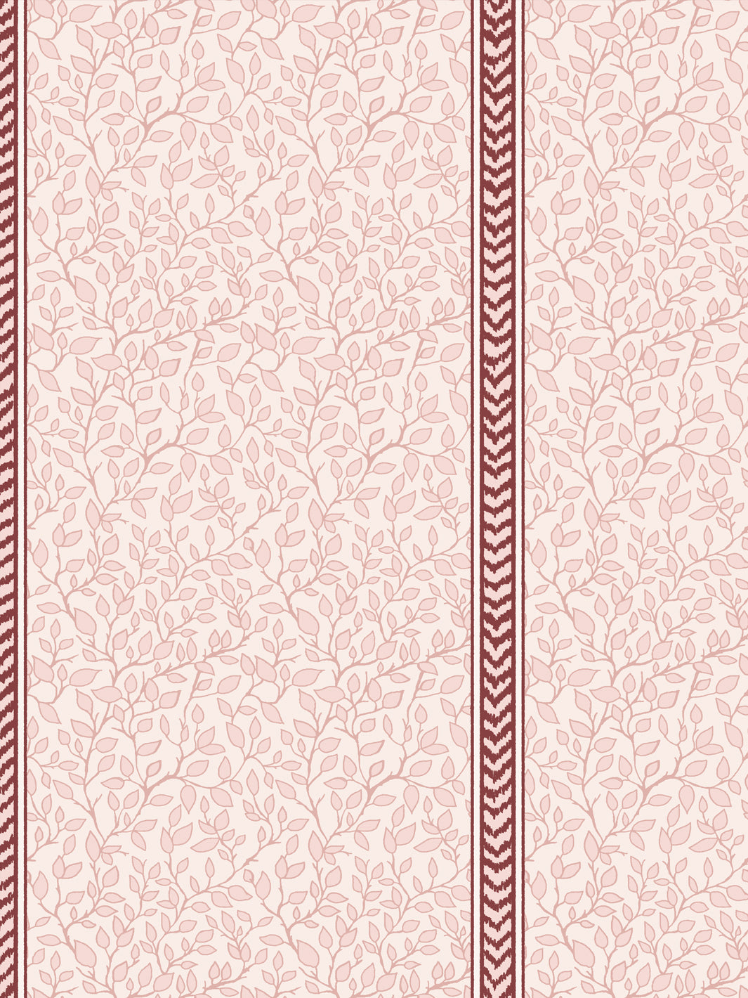 Close-up of dusty rose leaf vines on blush beside a deep burgundy flamestitch chevron stripe