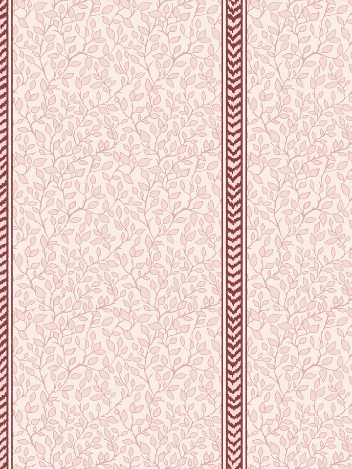 Close-up of dusty rose leaf vines on blush beside a deep burgundy flamestitch chevron stripe