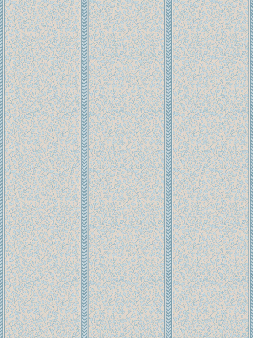 Linen beige wallpaper with powder blue leaf vines divided by teal flamestitch stripes