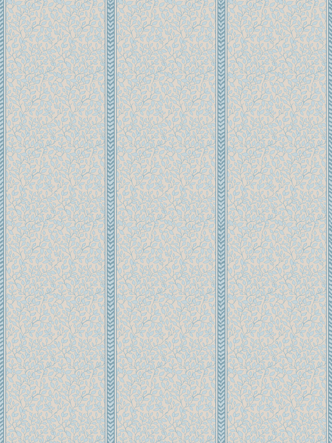 Linen beige wallpaper with powder blue leaf vines divided by teal flamestitch stripes