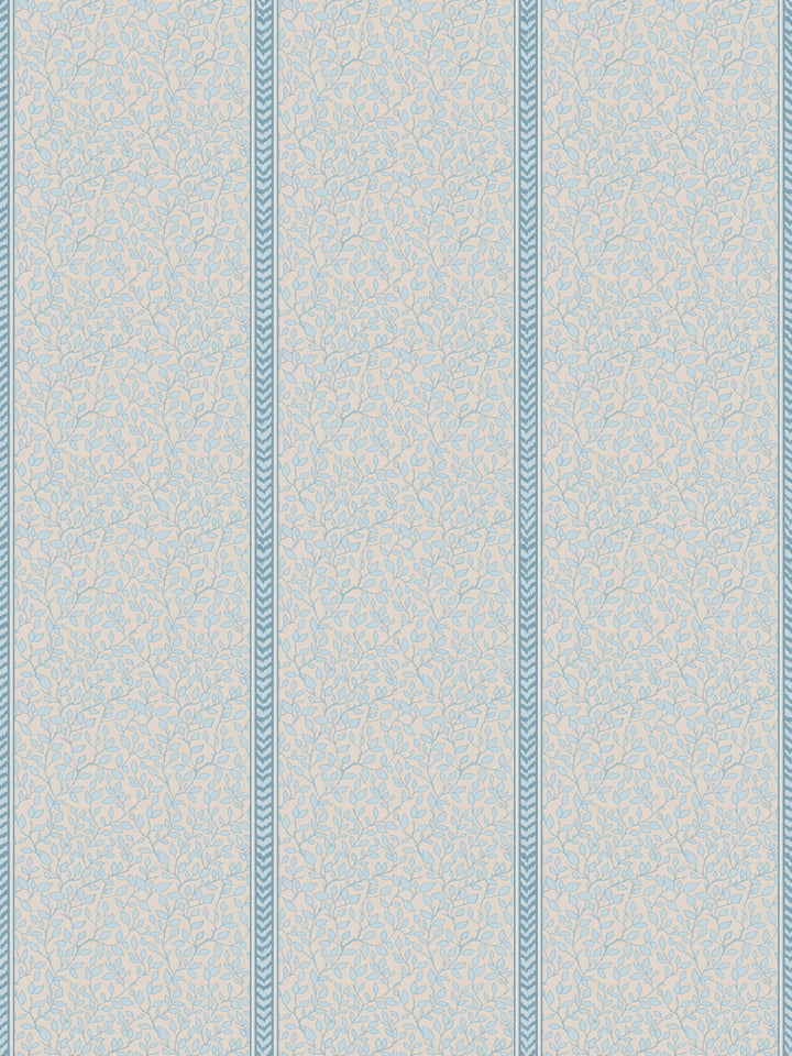 Linen beige wallpaper with powder blue leaf vines divided by teal flamestitch stripes