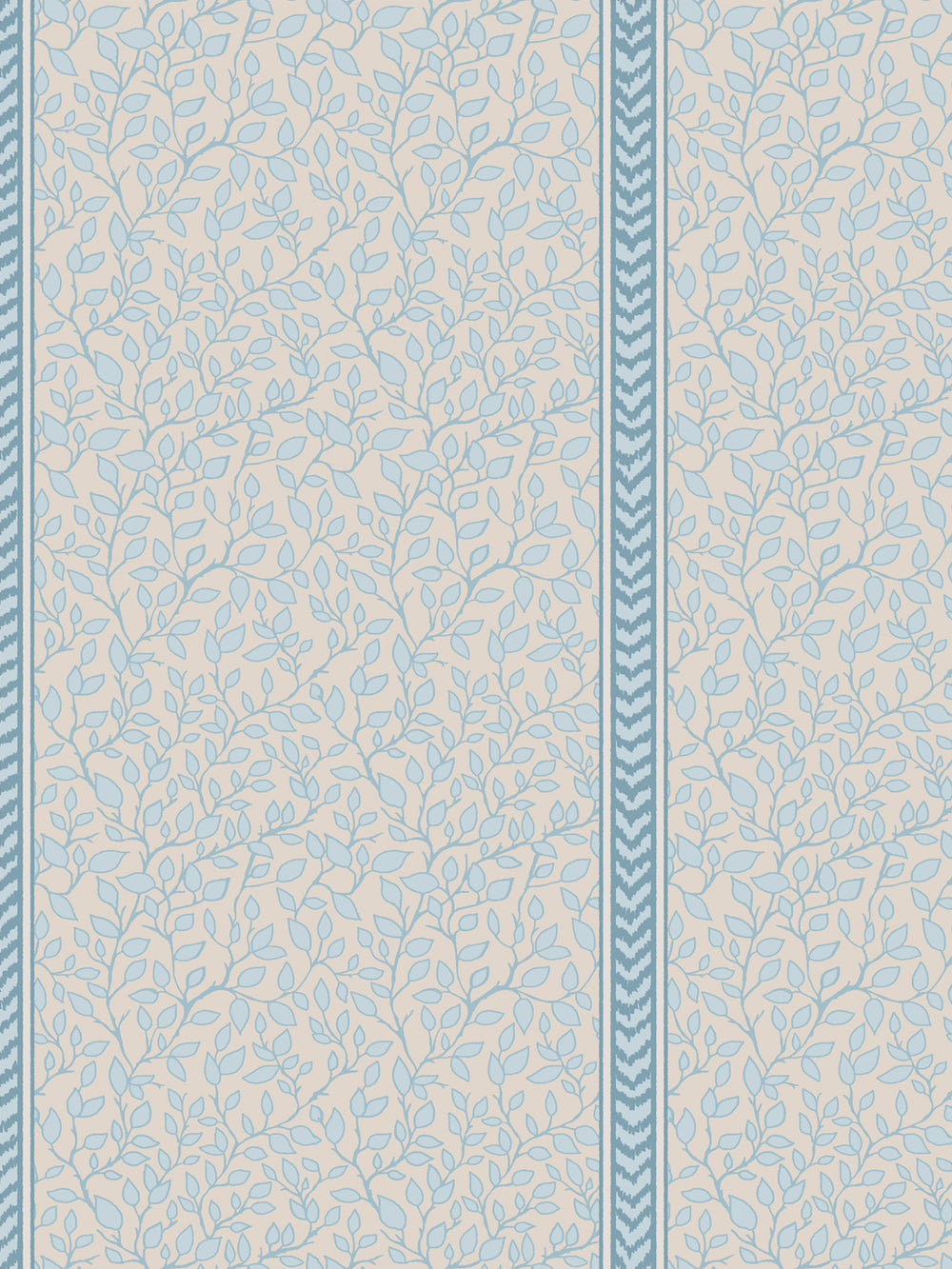 Close-up of soft blue leaves and stems on a linen beige ground next to a teal flamestitch stripe