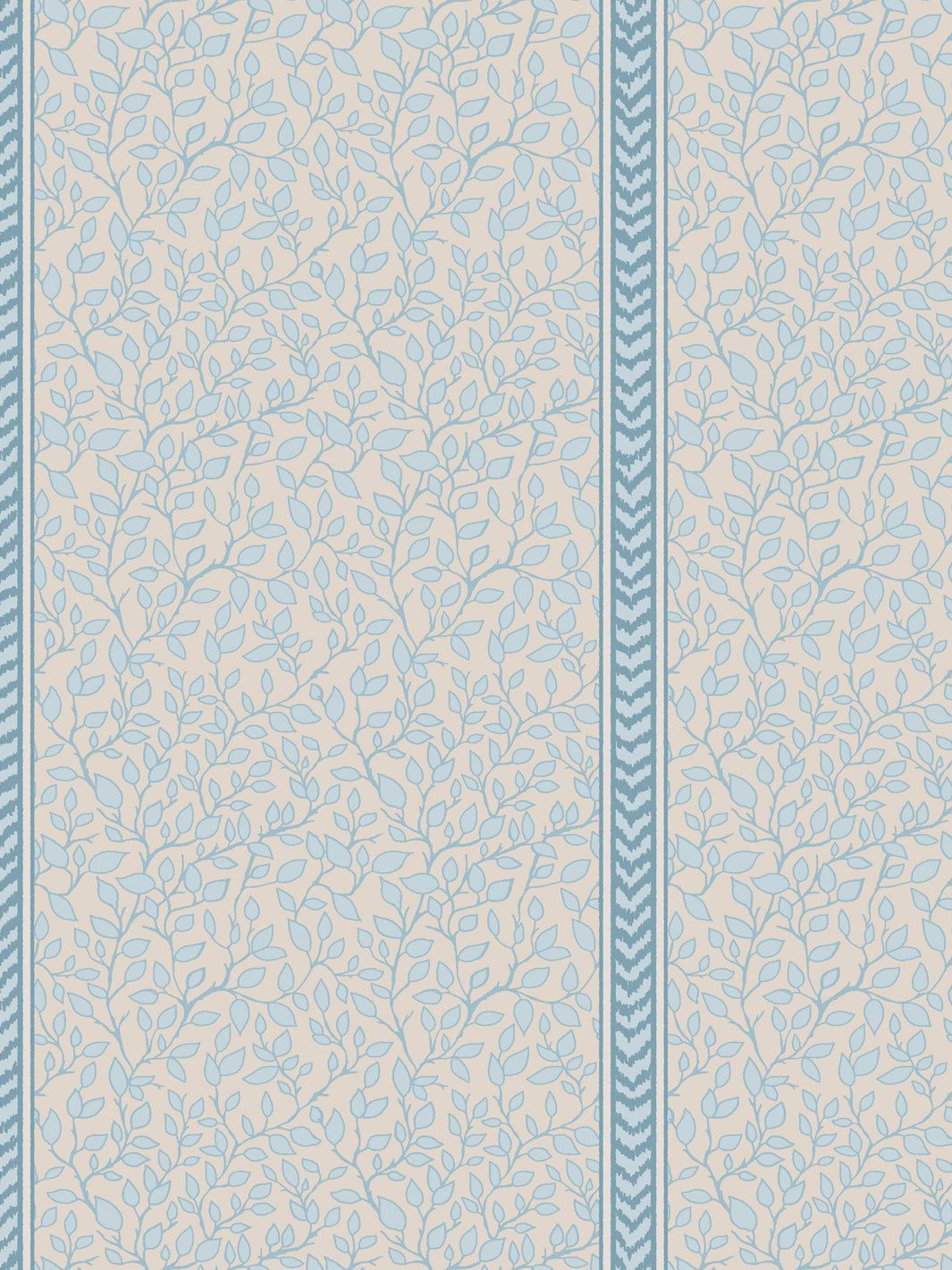 Close-up of soft blue leaves and stems on a linen beige ground next to a teal flamestitch stripe