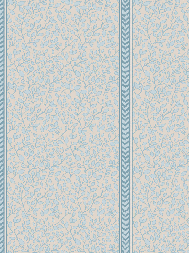 Close-up of soft blue leaves and stems on a linen beige ground next to a teal flamestitch stripe