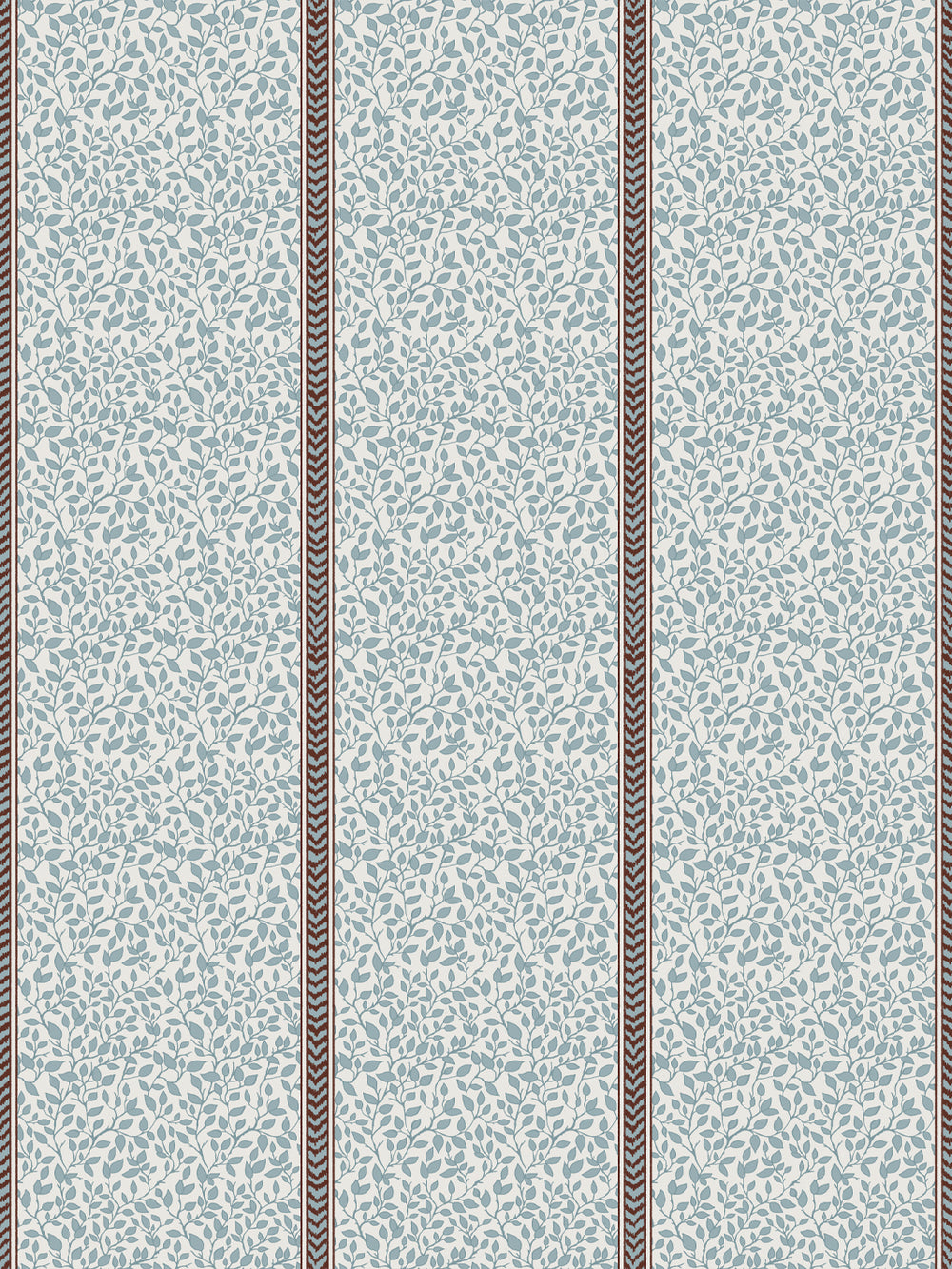 Cream wallpaper with slate blue leaf vines in panels divided by cocoa brown flamestitch stripes