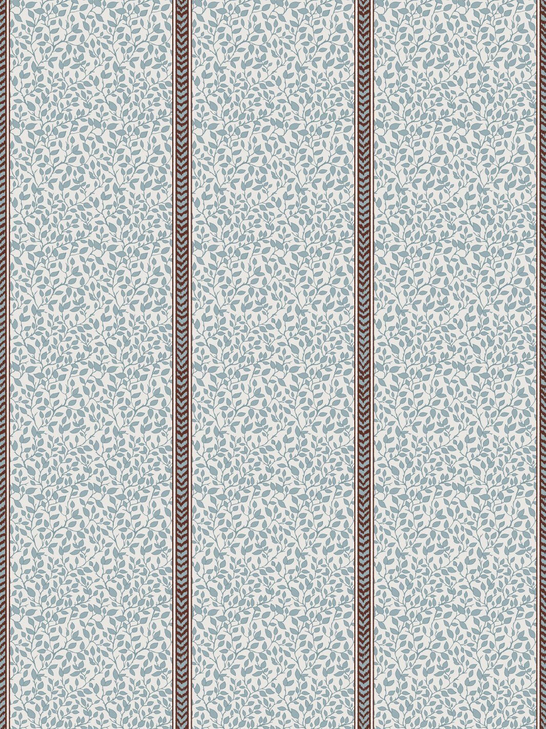 Cream wallpaper with slate blue leaf vines in panels divided by cocoa brown flamestitch stripes