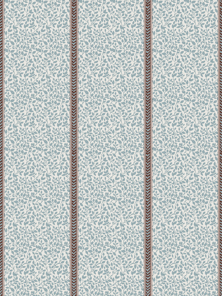 Cream wallpaper with slate blue leaf vines in panels divided by cocoa brown flamestitch stripes