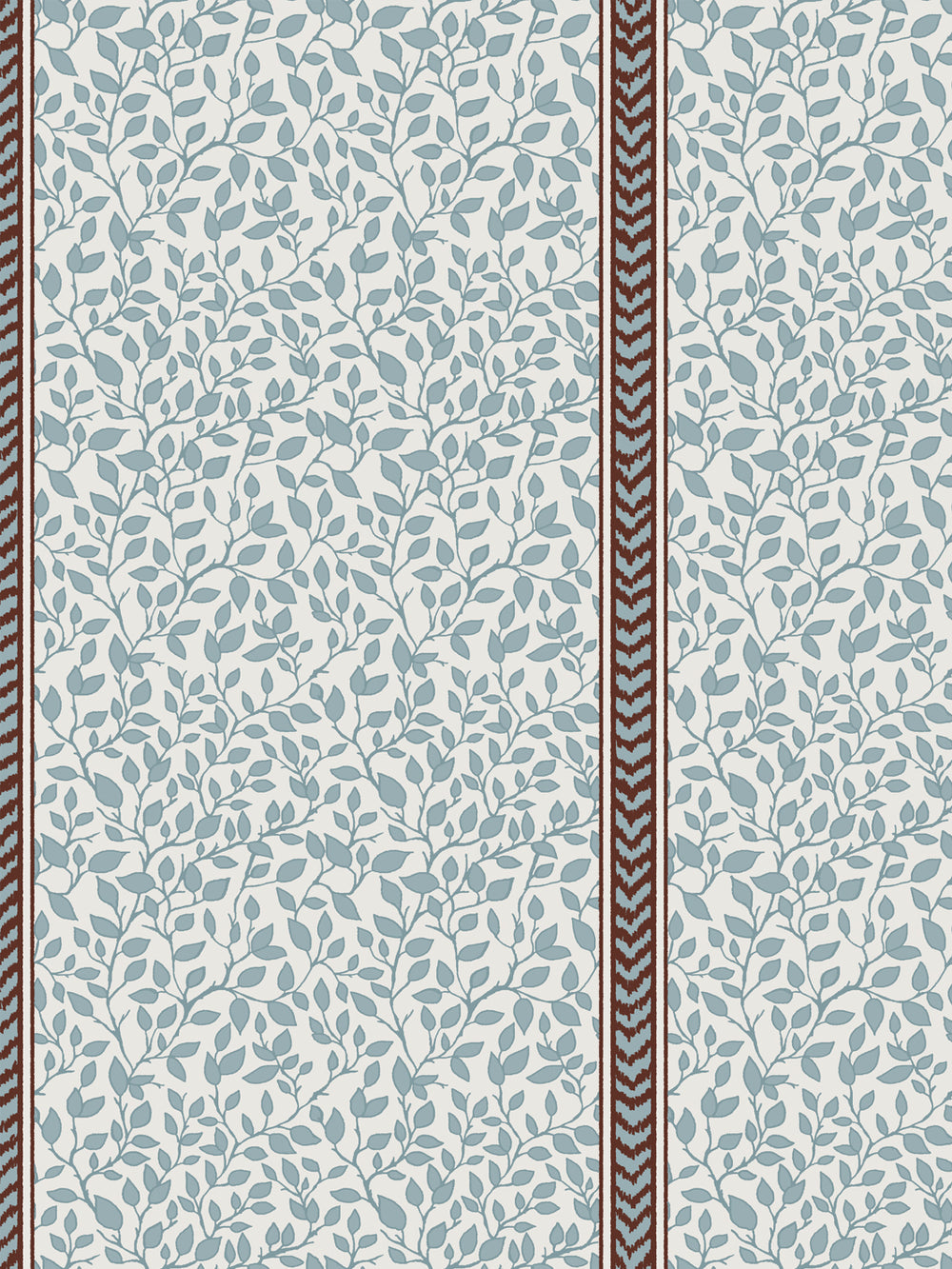 Close crop of slate blue leaves and stems on cream beside a cocoa brown flamestitch stripe