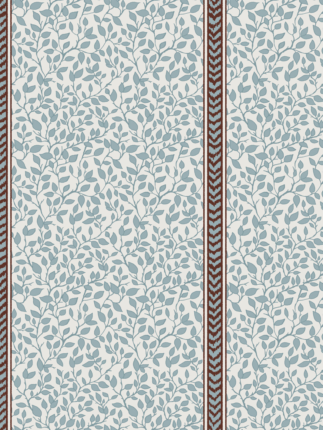 Close crop of slate blue leaves and stems on cream beside a cocoa brown flamestitch stripe