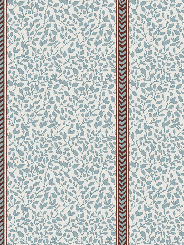 Close crop of slate blue leaves and stems on cream beside a cocoa brown flamestitch stripe
