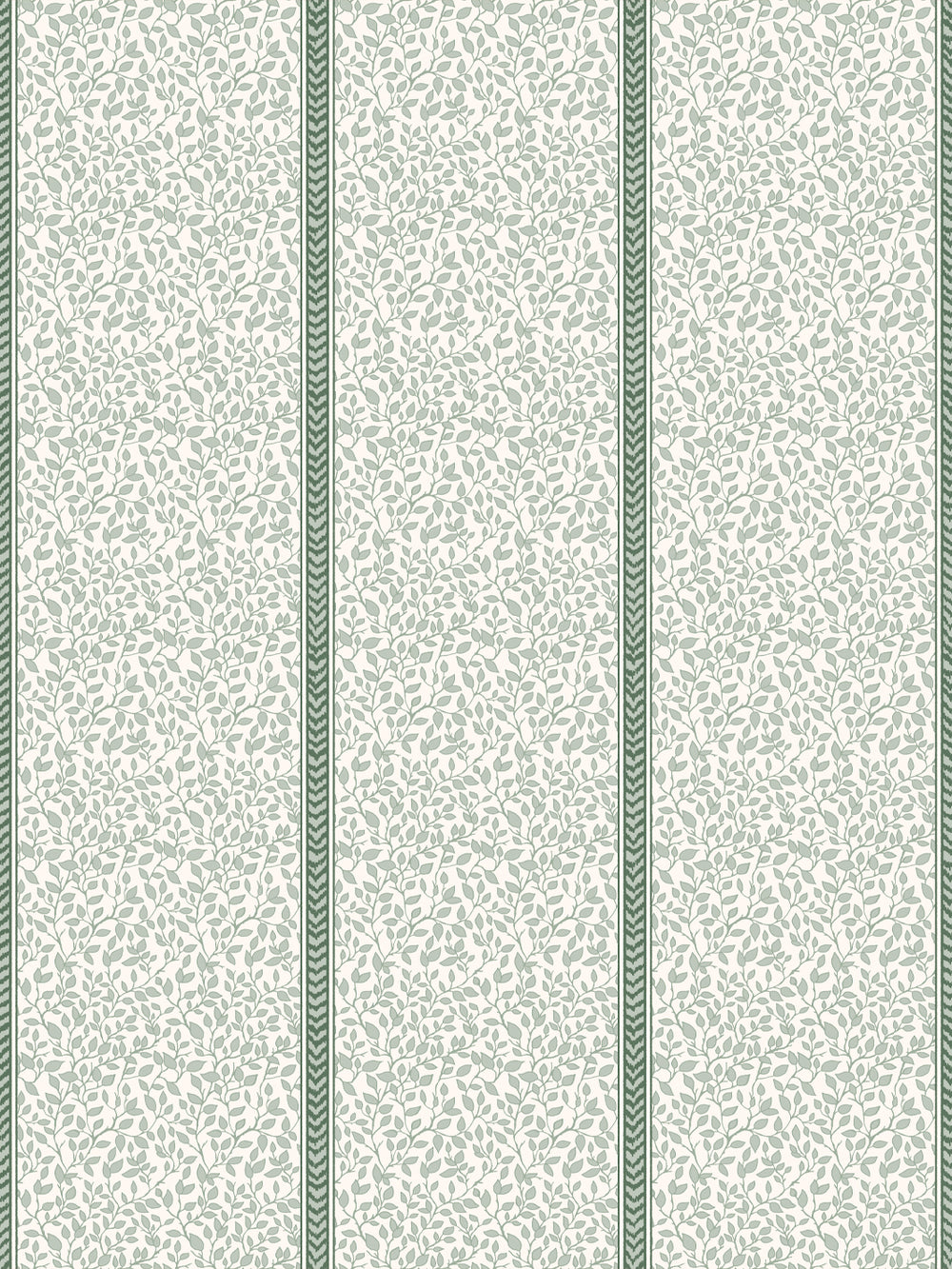 Cream wallpaper with pale sage leaf vines in panels divided by deep spruce green flamestitch stripes