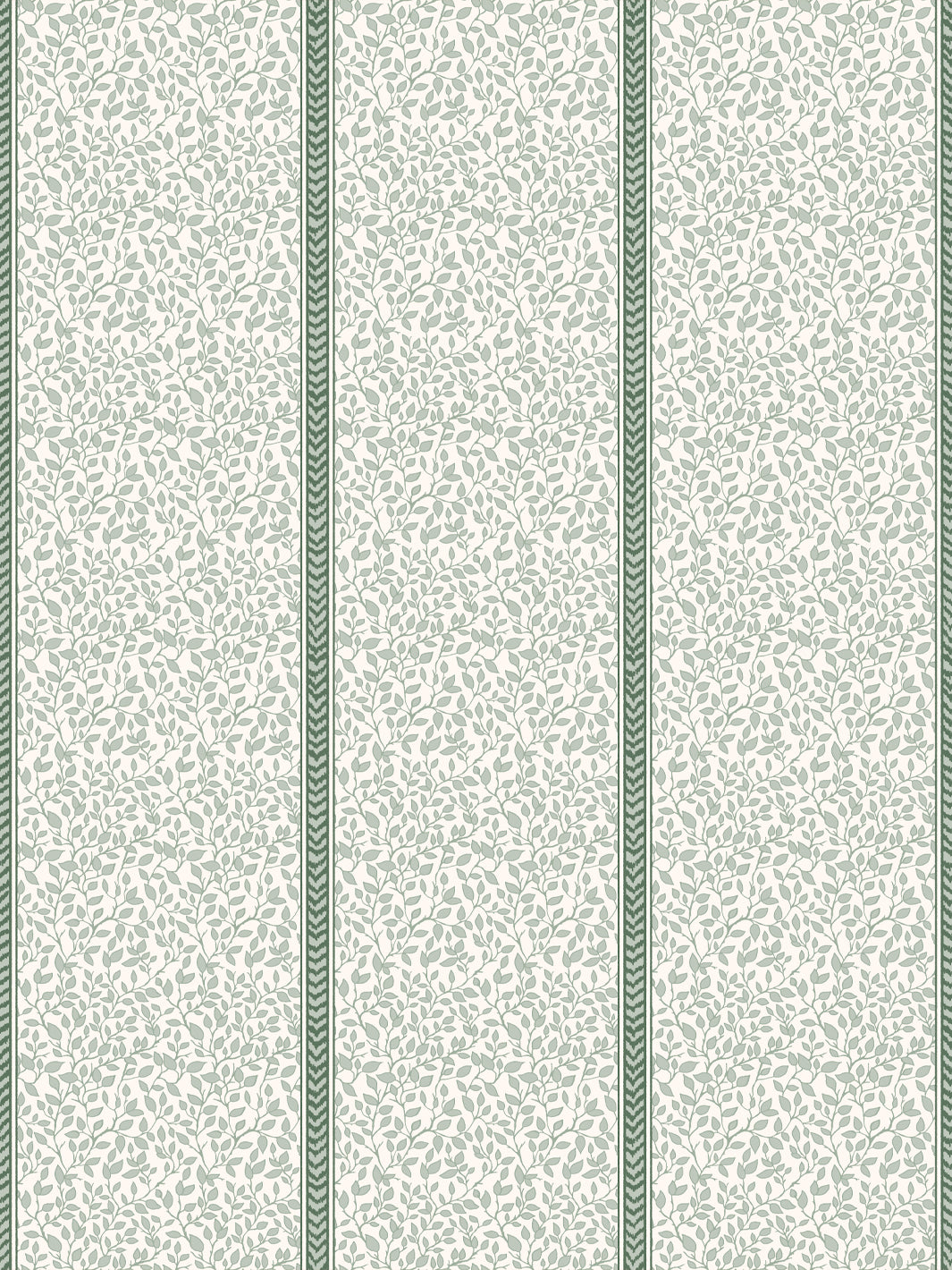 Cream wallpaper with pale sage leaf vines in panels divided by deep spruce green flamestitch stripes