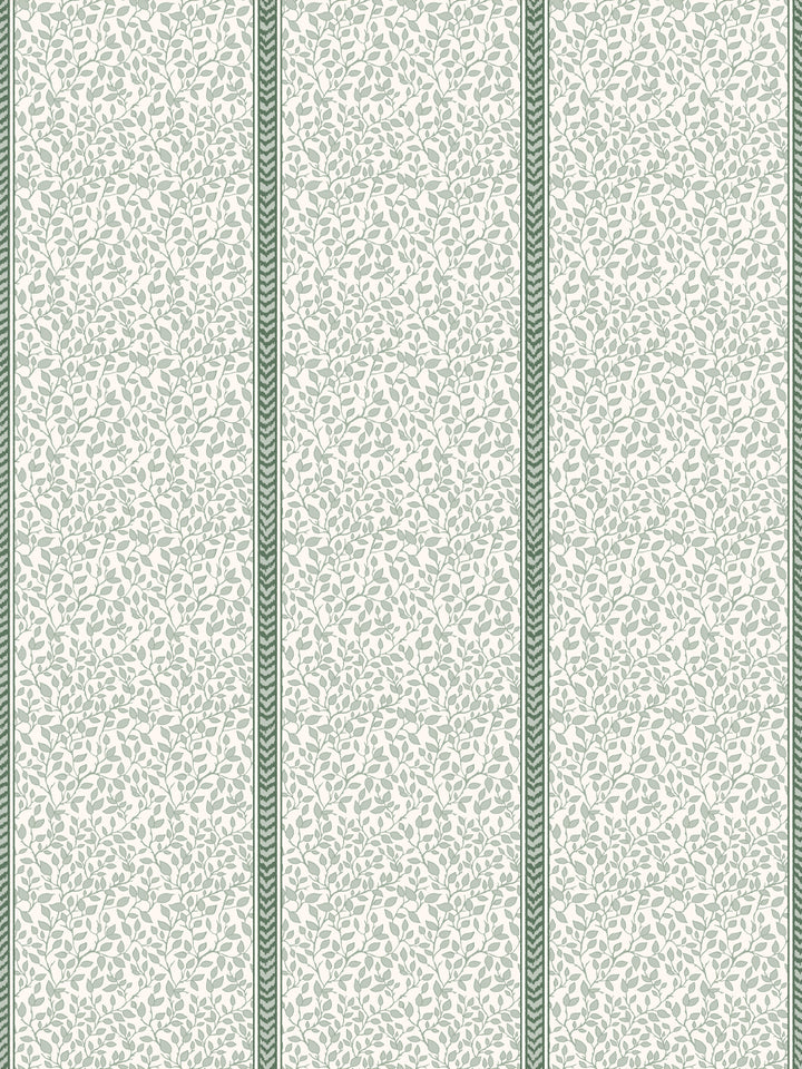 Cream wallpaper with pale sage leaf vines in panels divided by deep spruce green flamestitch stripes