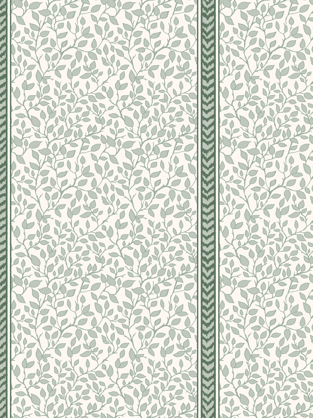 Close crop of pale sage leaves and stems on cream beside a spruce green flamestitch stripe