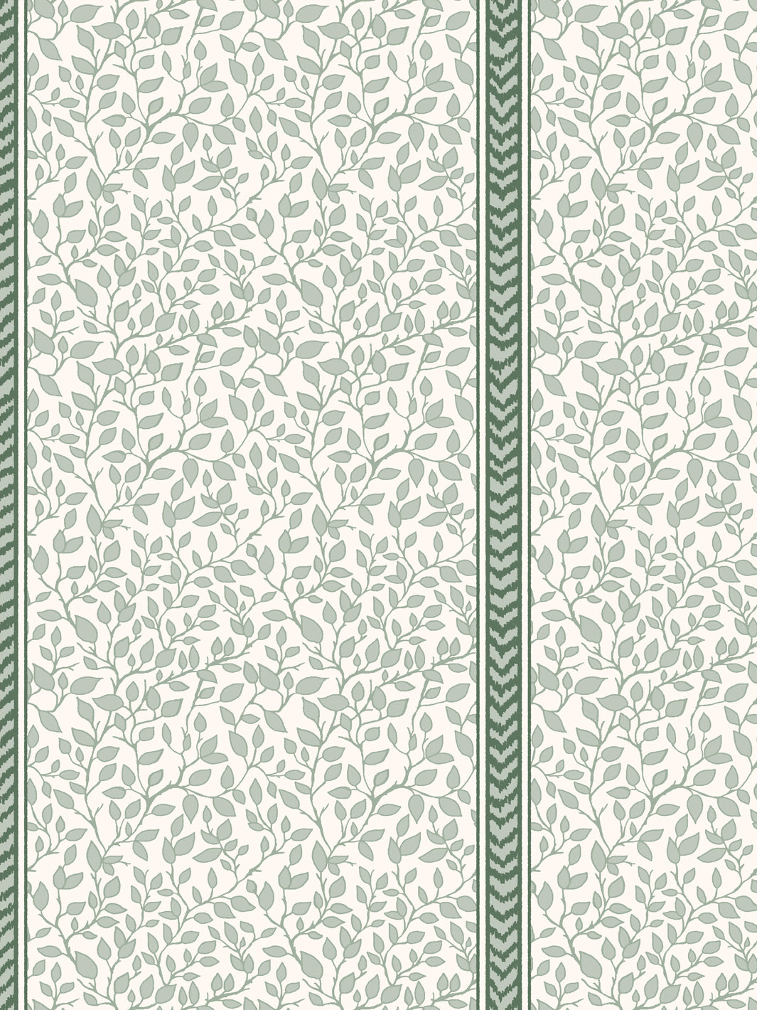 Close crop of pale sage leaves and stems on cream beside a spruce green flamestitch stripe