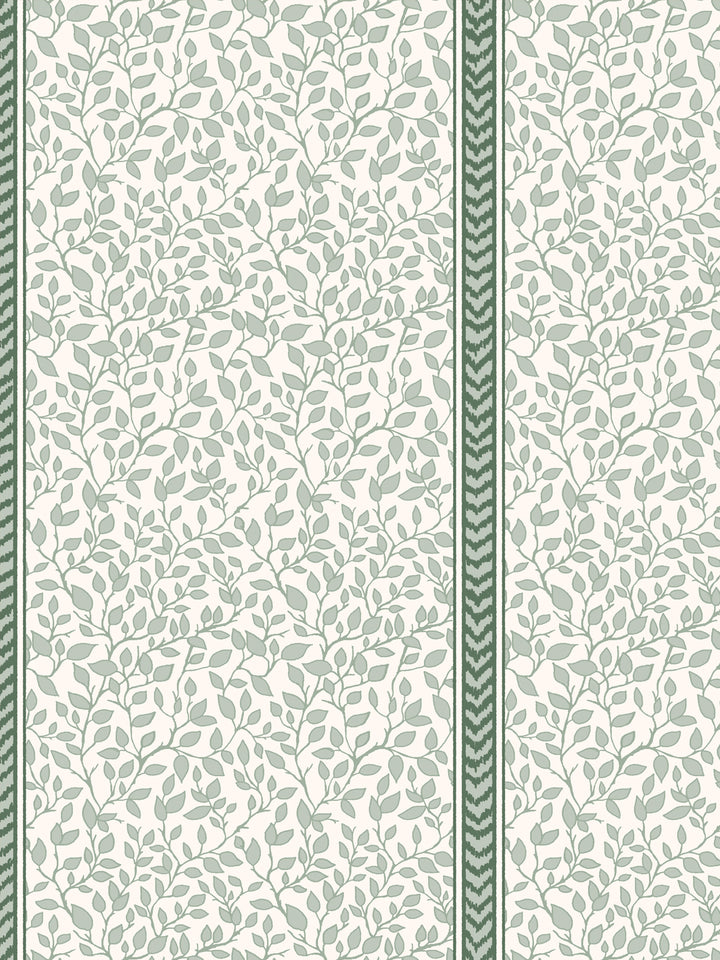 Close crop of pale sage leaves and stems on cream beside a spruce green flamestitch stripe