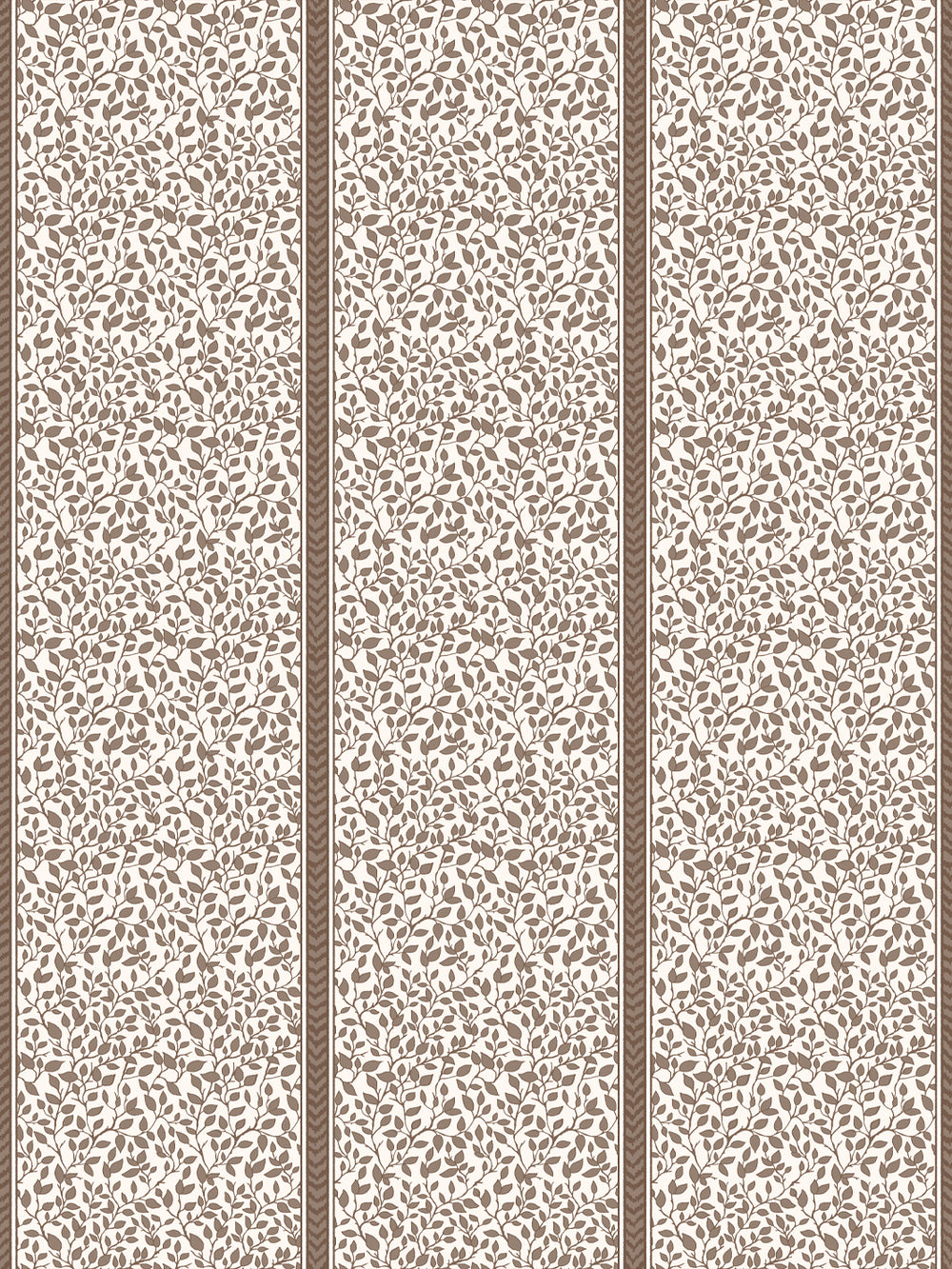 Vanilla cream wallpaper with taupe brown leaf vines and narrow brown chevron stripes