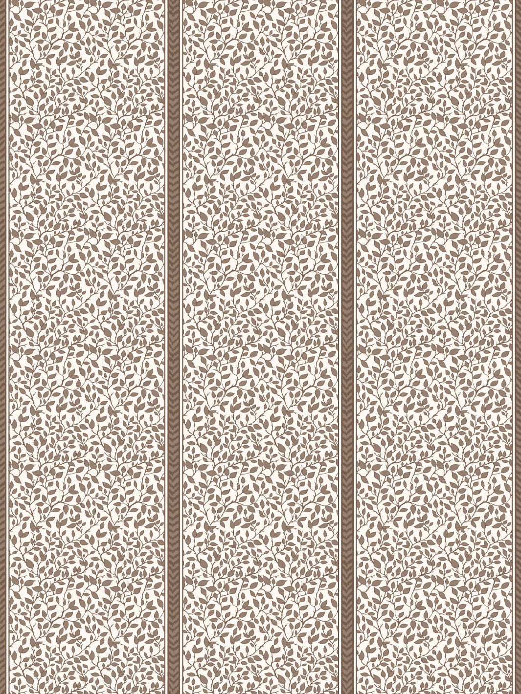 Vanilla cream wallpaper with taupe brown leaf vines and narrow brown chevron stripes