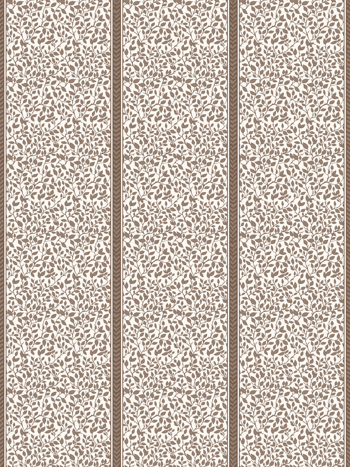 Vanilla cream wallpaper with taupe brown leaf vines and narrow brown chevron stripes