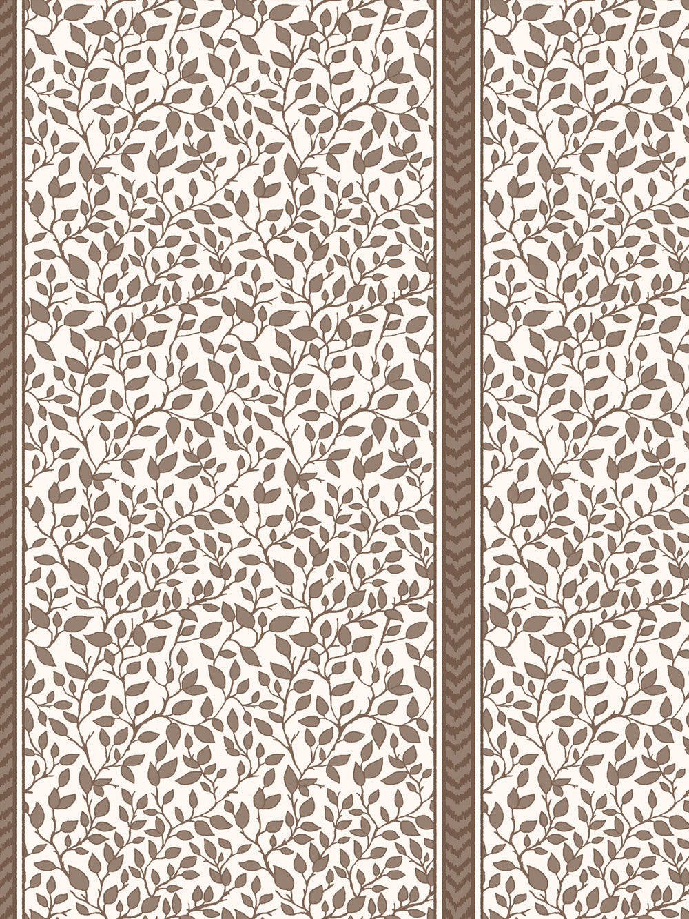 Close crop of taupe brown leaves and stems on cream with a narrow brown flamestitch stripe