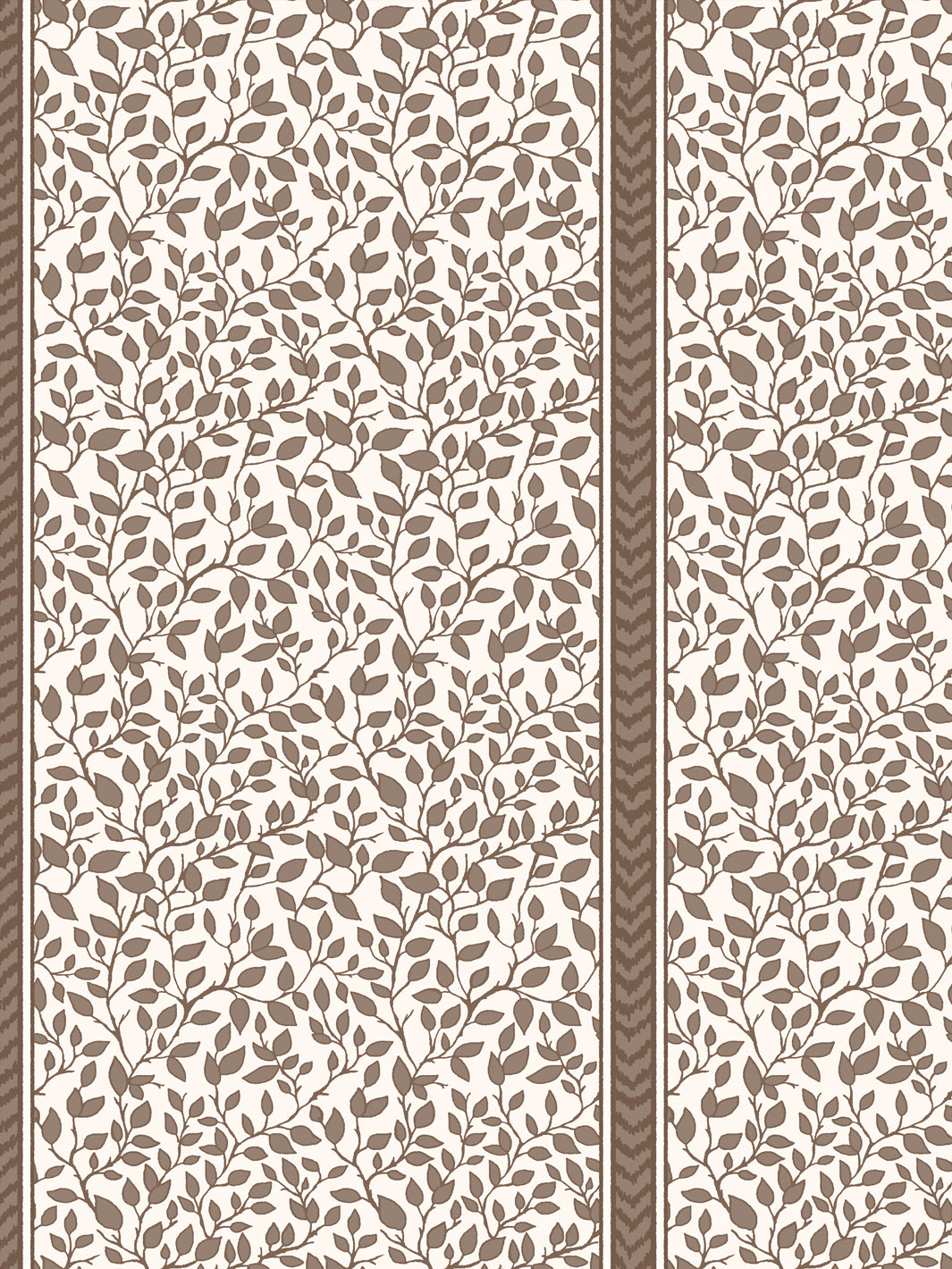 Close crop of taupe brown leaves and stems on cream with a narrow brown flamestitch stripe