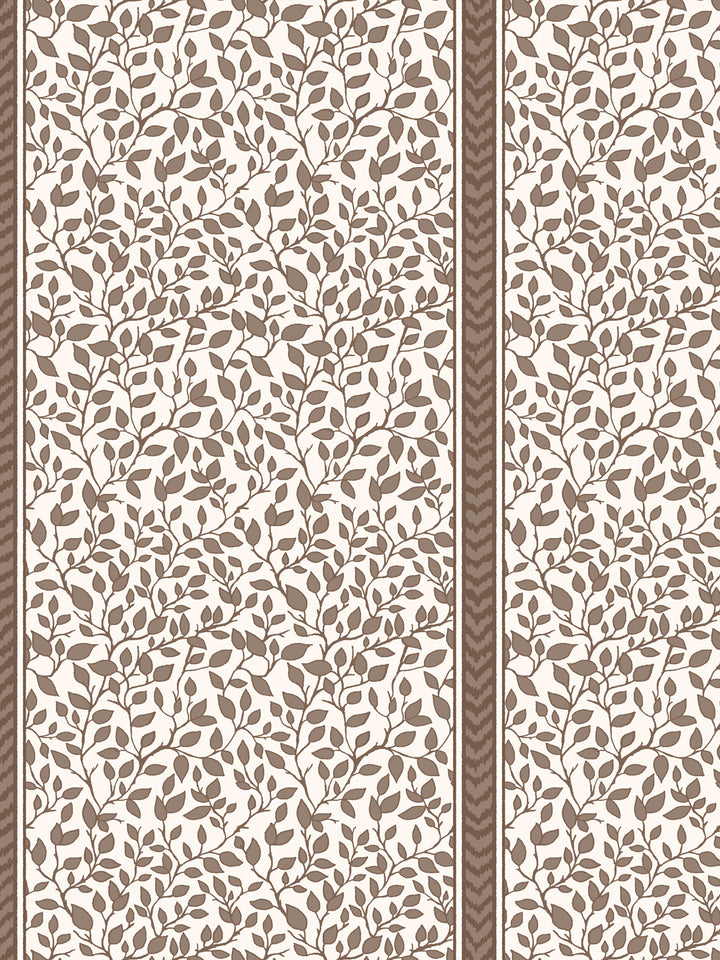 Close crop of taupe brown leaves and stems on cream with a narrow brown flamestitch stripe