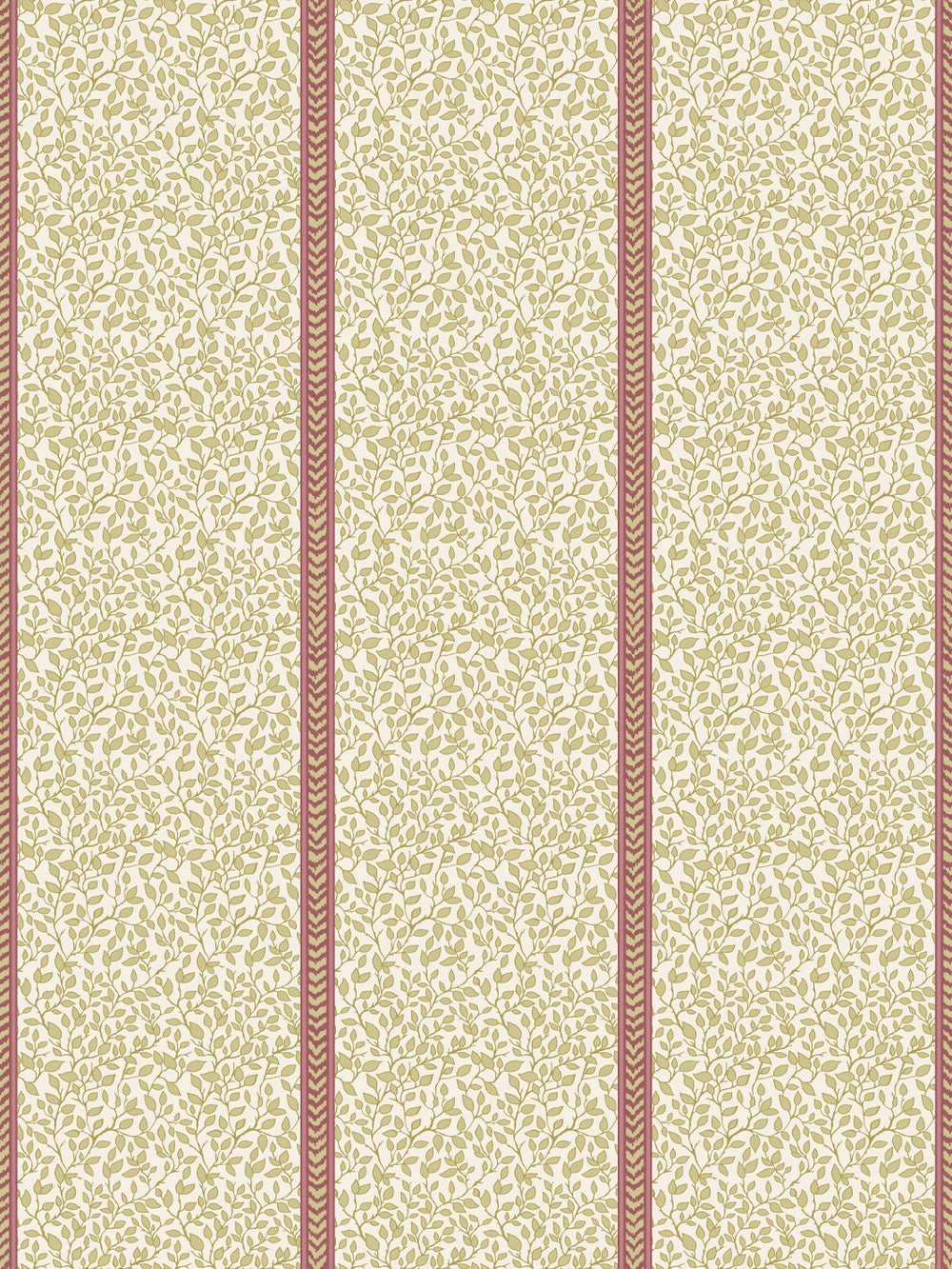 Cream wallpaper with olive green leaf vines in panels divided by dusty rose flamestitch stripes