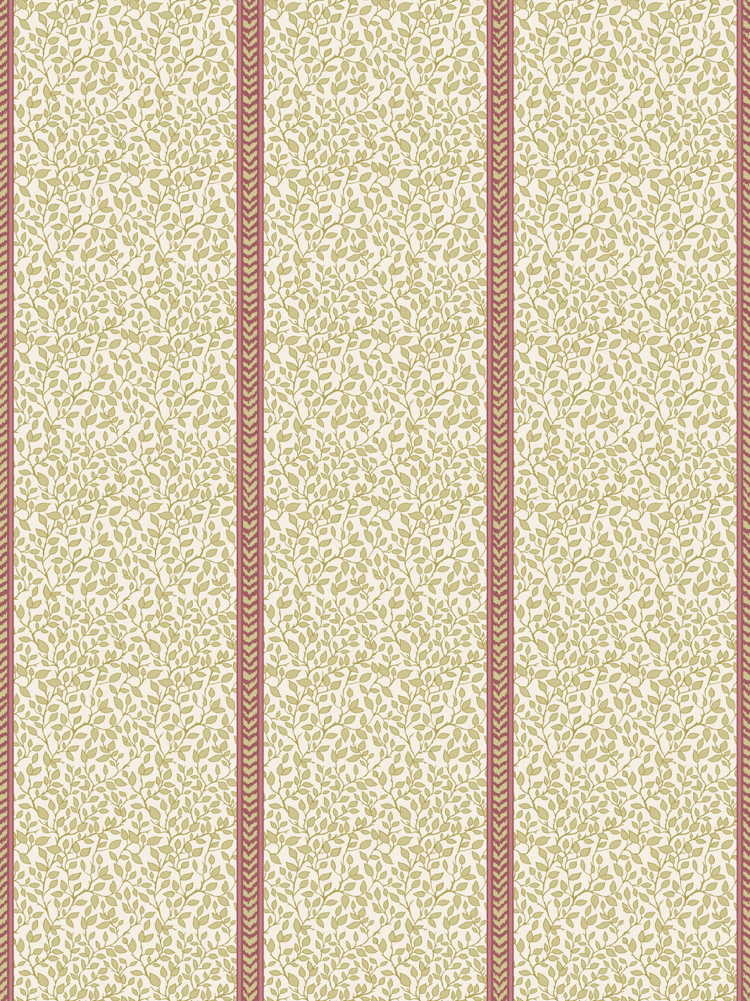 Cream wallpaper with olive green leaf vines in panels divided by dusty rose flamestitch stripes
